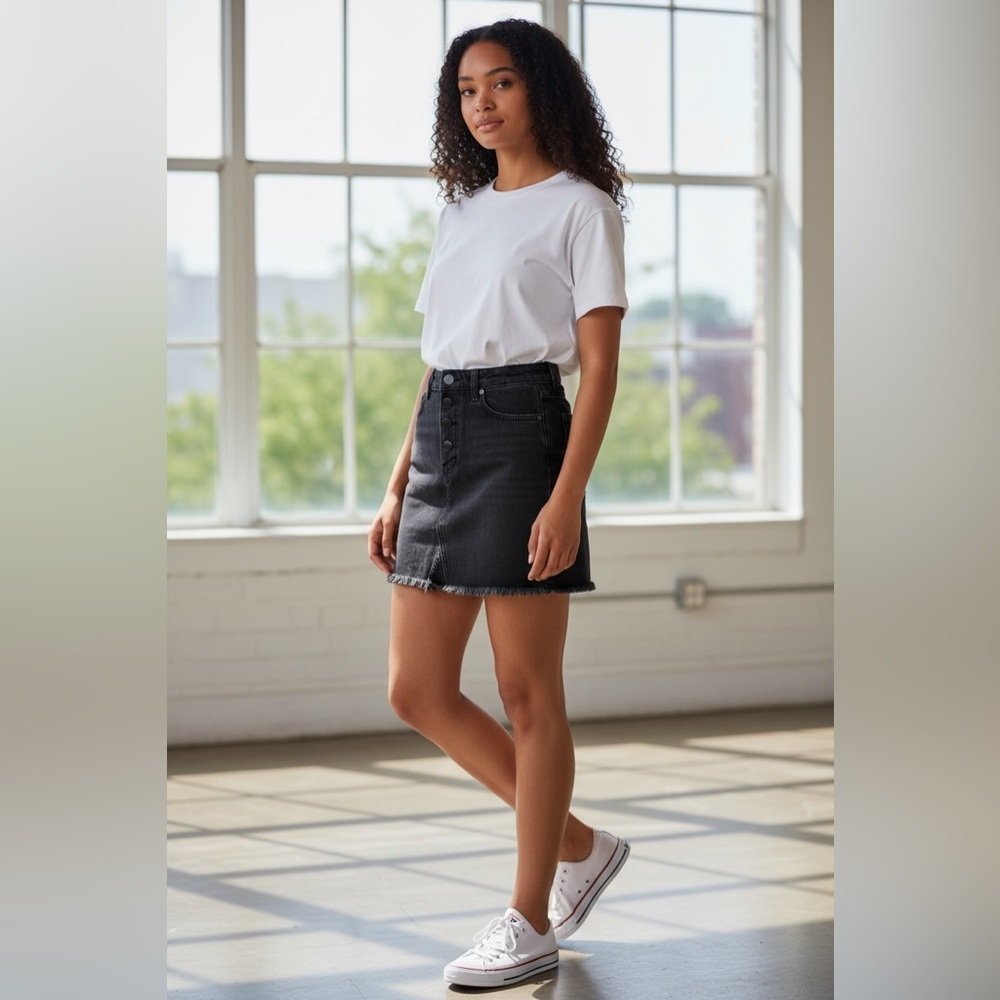 Chaser Black Denim Mini Skirt XS NWT | Button Front Frayed Hem | Boutique Rebel
